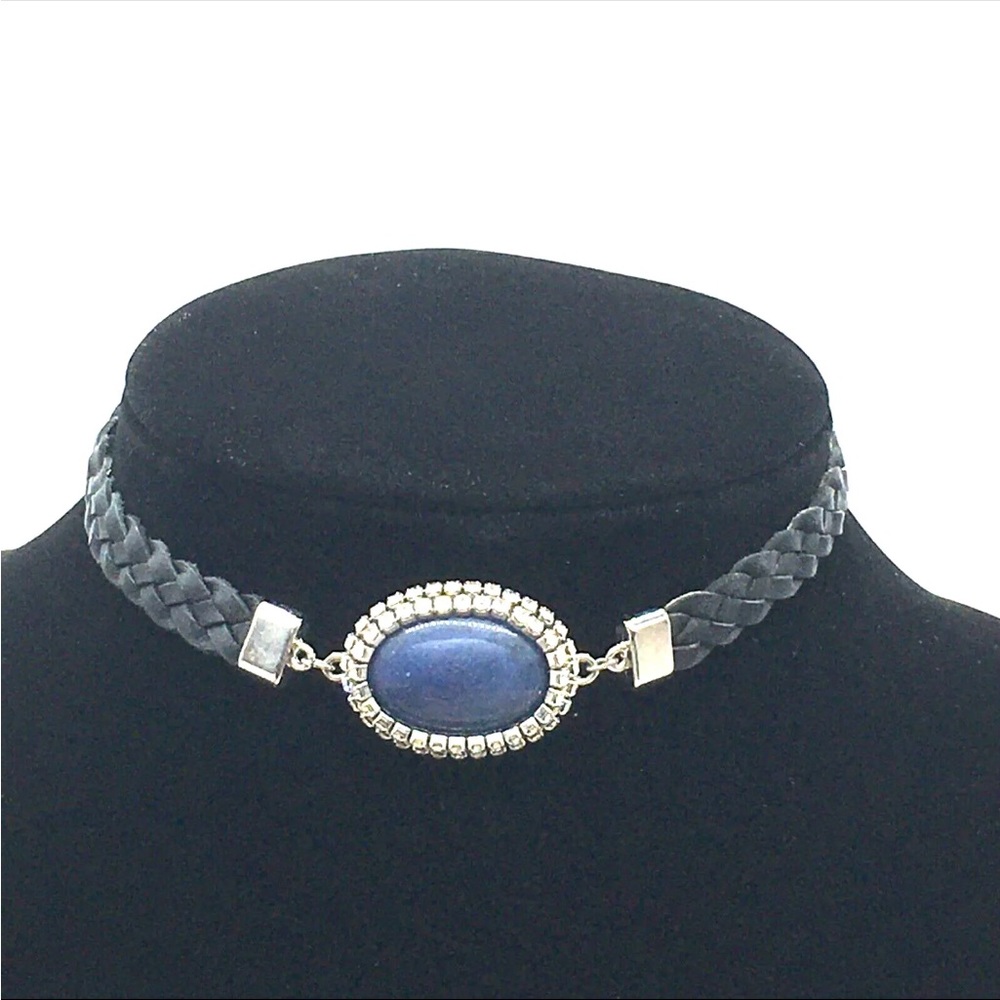 WHBM Collar Necklace Silver Tone Blue Oval Stone Rhinestone Halo Black Leather